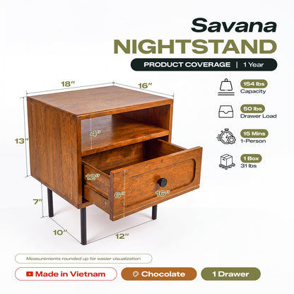 Savana Solid Wood Single-Drawer Nightstand