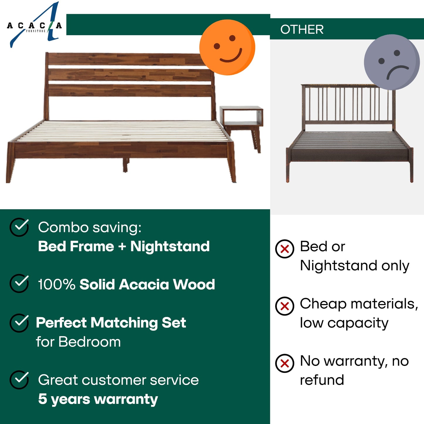 Emery Solid Wood Bed Frame & Nightstand Furniture Bundle