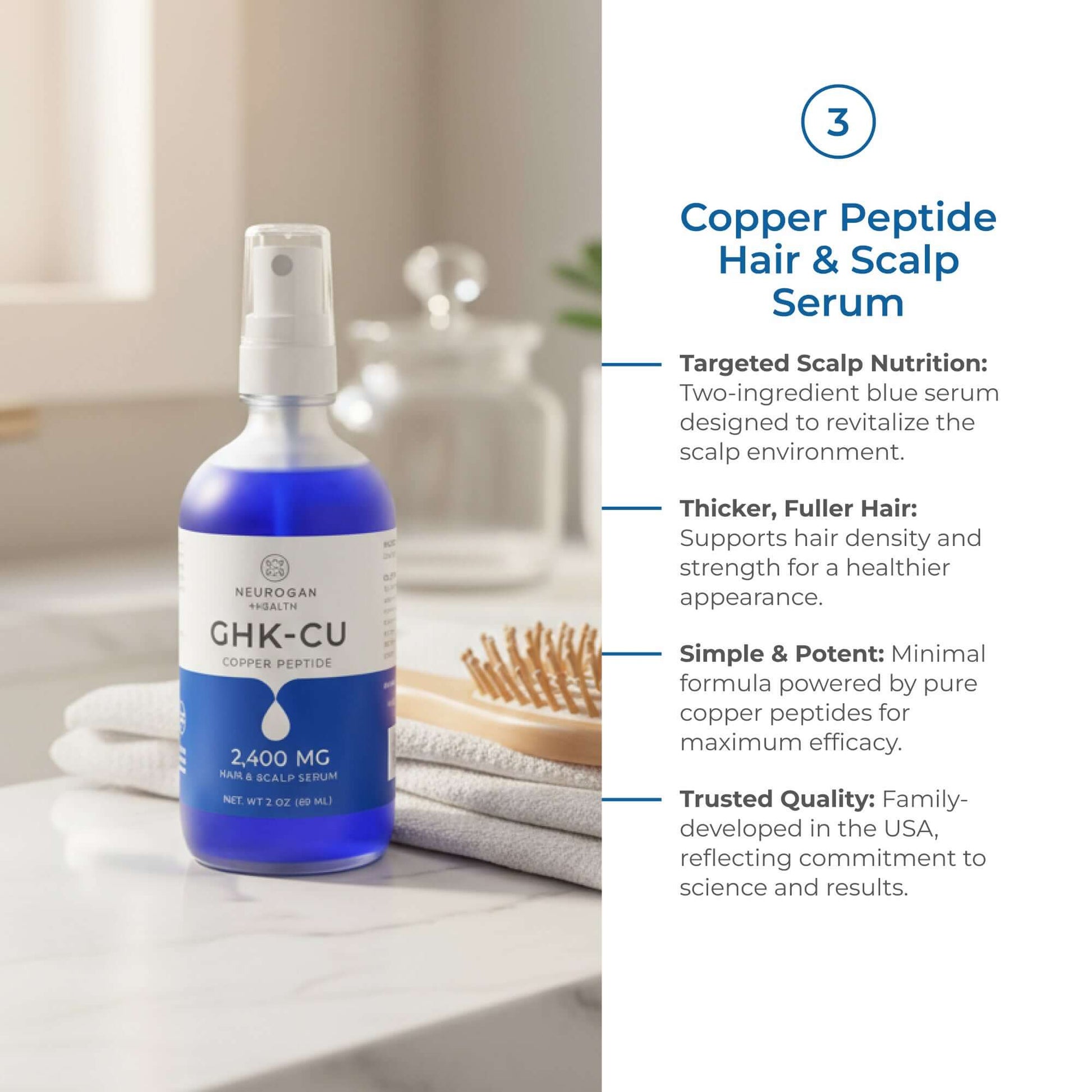 Bottle of Copper Peptide Hair & Scalp Serum with product details on a bathroom counter.