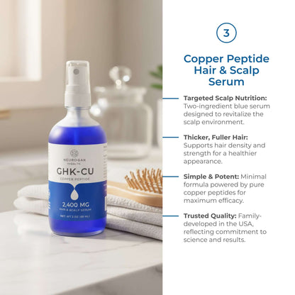 Bottle of Copper Peptide Hair & Scalp Serum with product details on a bathroom counter.