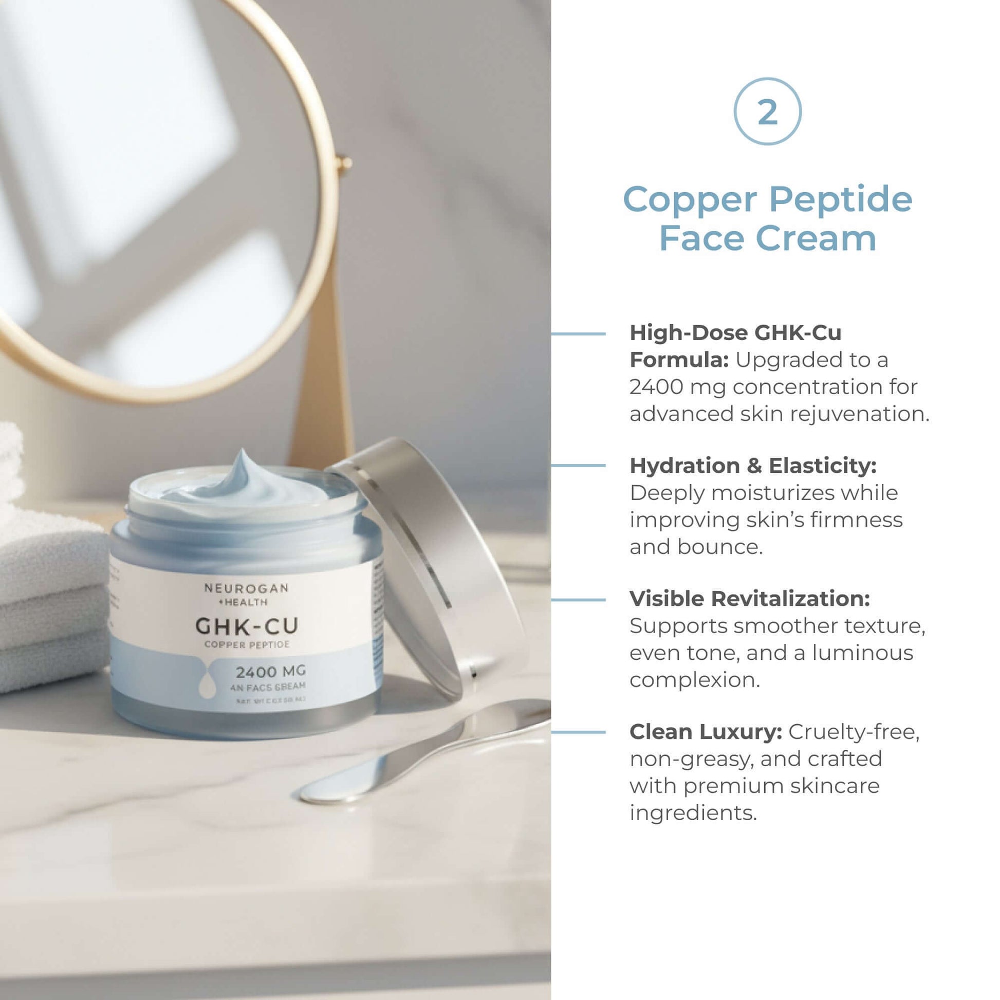 Copper Peptide Face Cream jar with product details on a neutral background