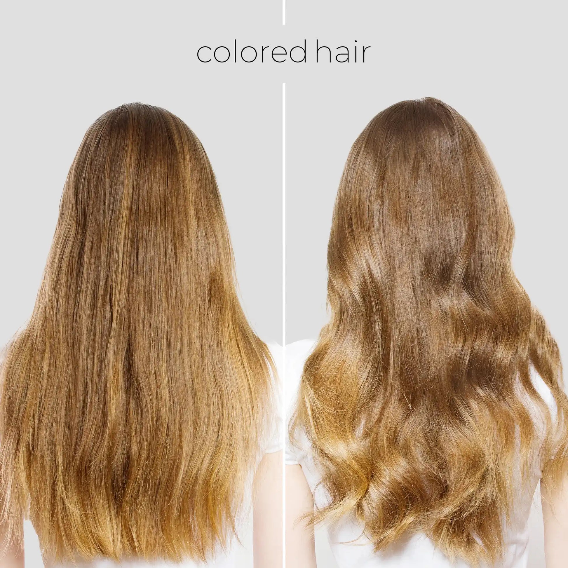 Two images of long, wavy hair with a plain background.