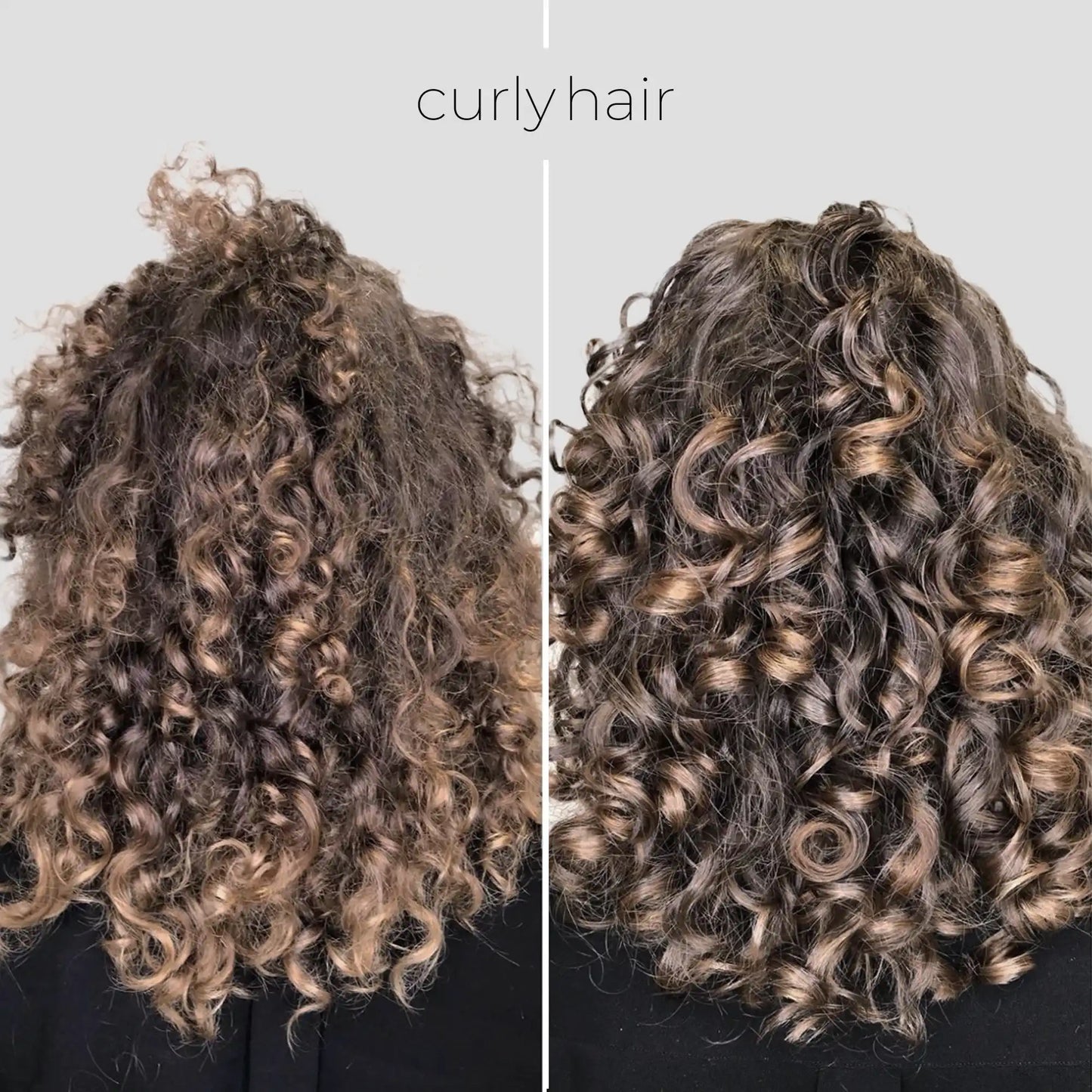 Two images of curly hair side by side on a plain background
