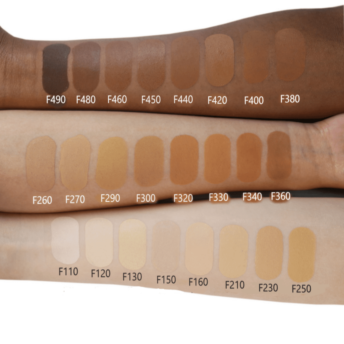 Color swatches of foundation shades on a white background