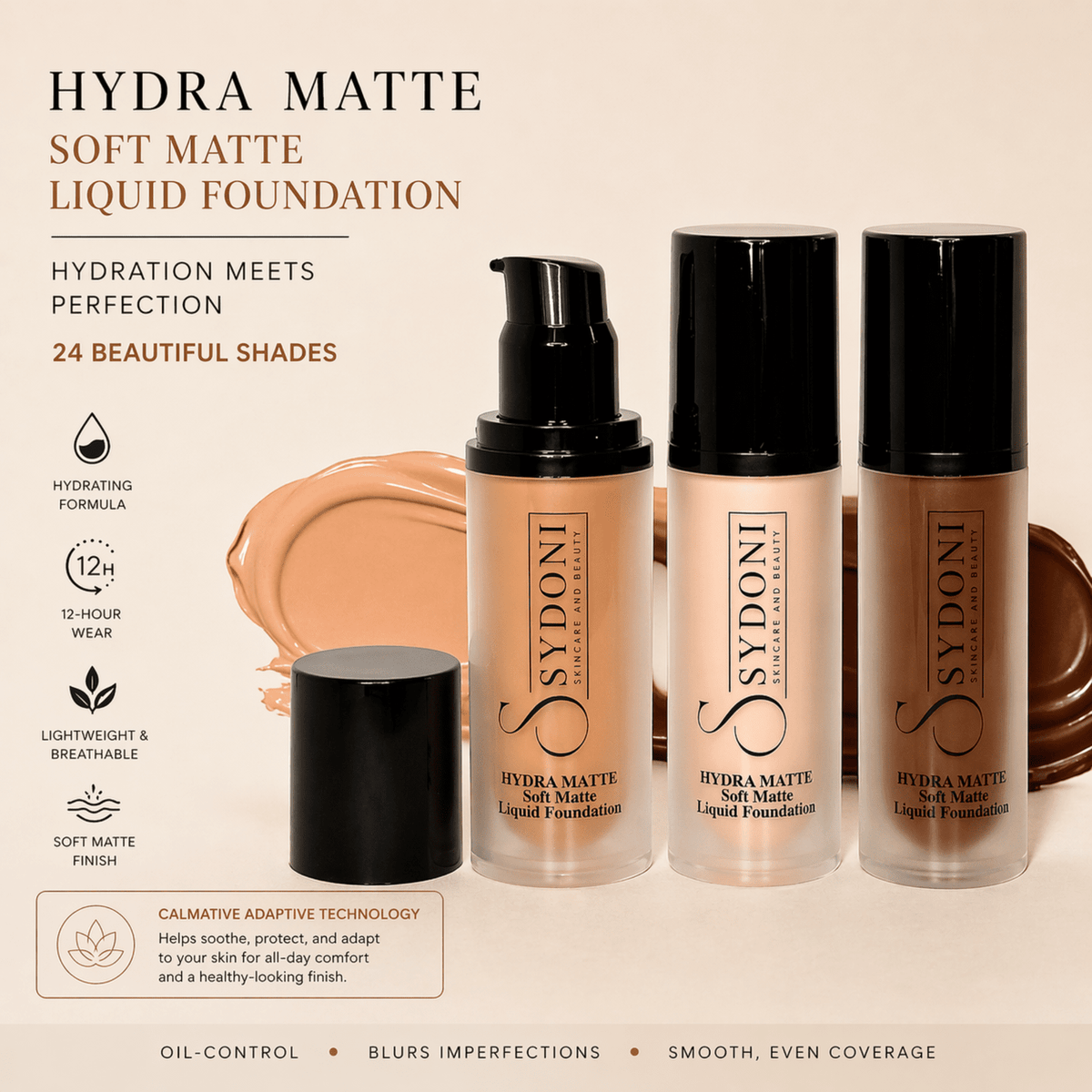 Sydoni Hydra Matte liquid foundation bottles with product details on a beige background