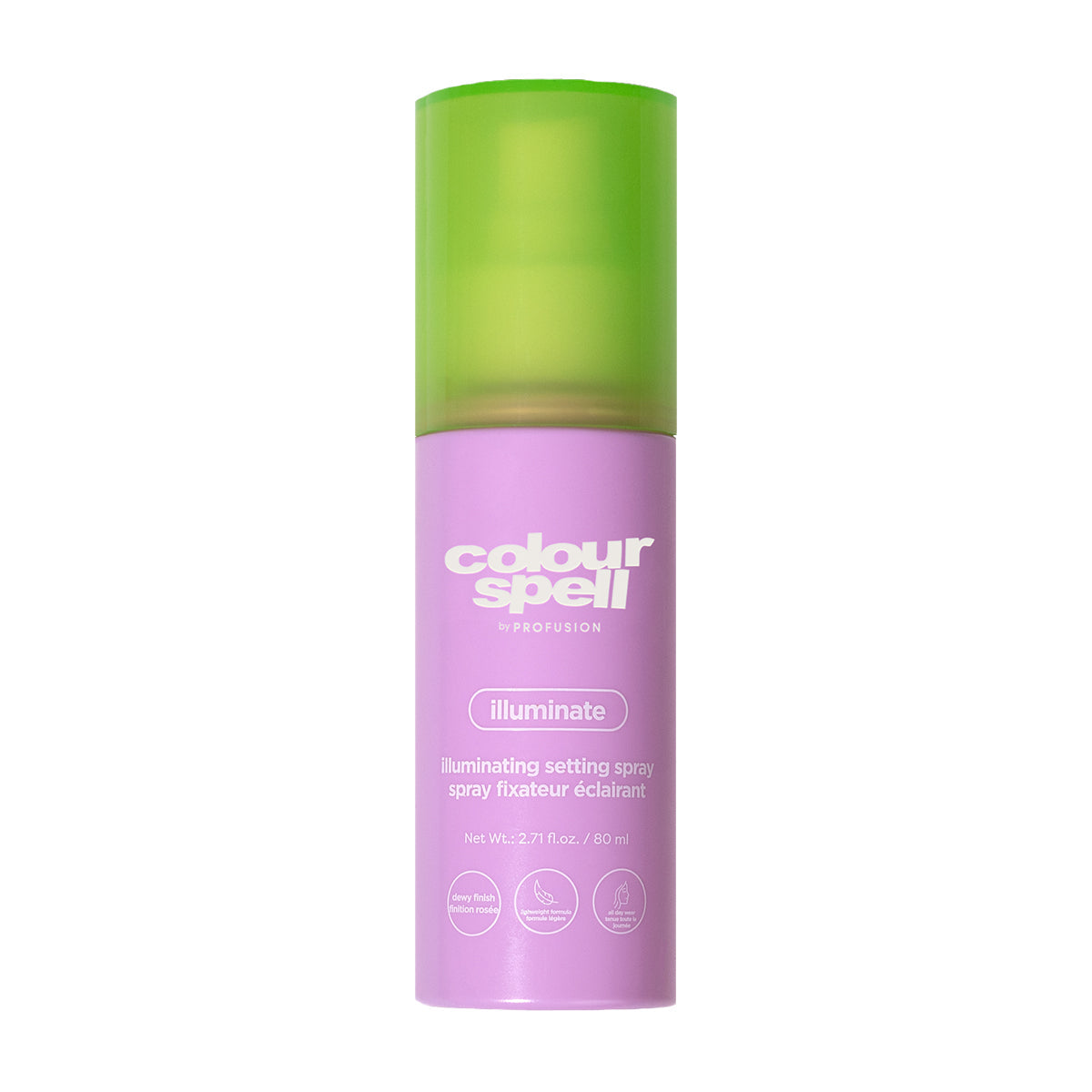 Pink and green bottle of colour spell illuminate setting spray on white background
