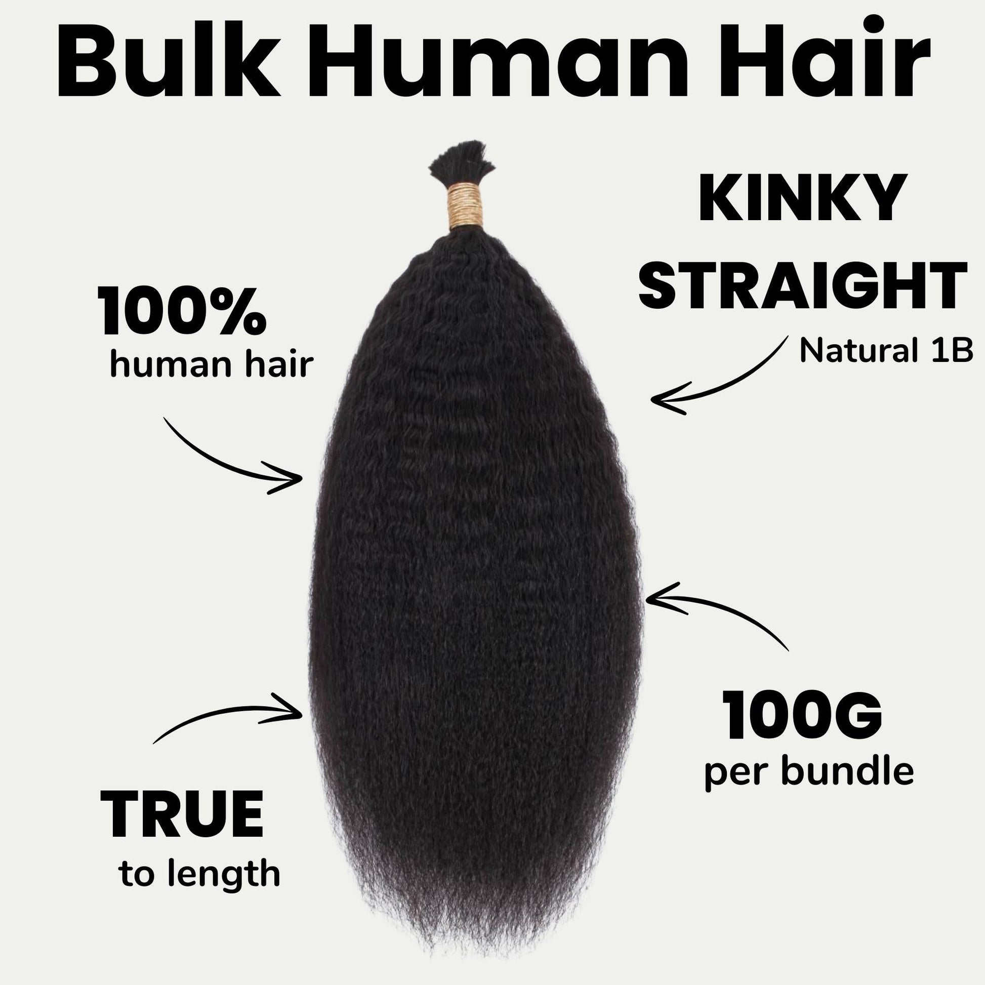 Kinky straight human hair bundle with product details on a white background