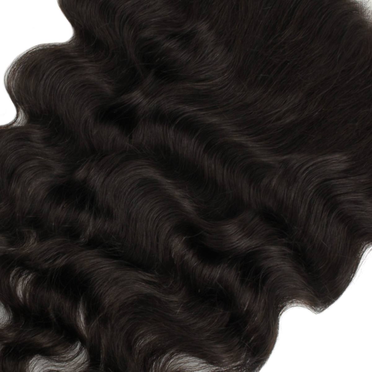 Close-up of dark brown hair extensions with a white background