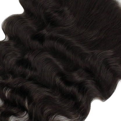 Close-up of dark brown hair extensions with a white background