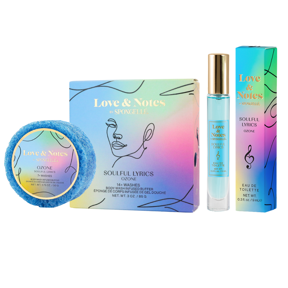 Set of 'Love & Notes' products including a soap, bath bomb, and perfume on a white background.