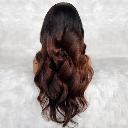 Mannequin head with long, wavy hair on a white textured background