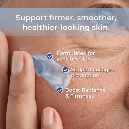 Skin care product being applied to skin with text highlighting benefits