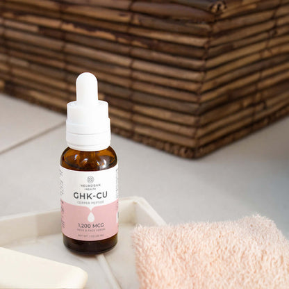 Bottle of GHK-CU serum with dropper on a white surface with towels in the background