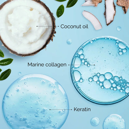 Coconut oil, marine collagen, and keratin with bubbles on a blue background