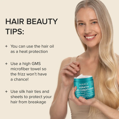 Woman with blonde hair holding a blue container of hair conditioner with text on hair beauty tips.