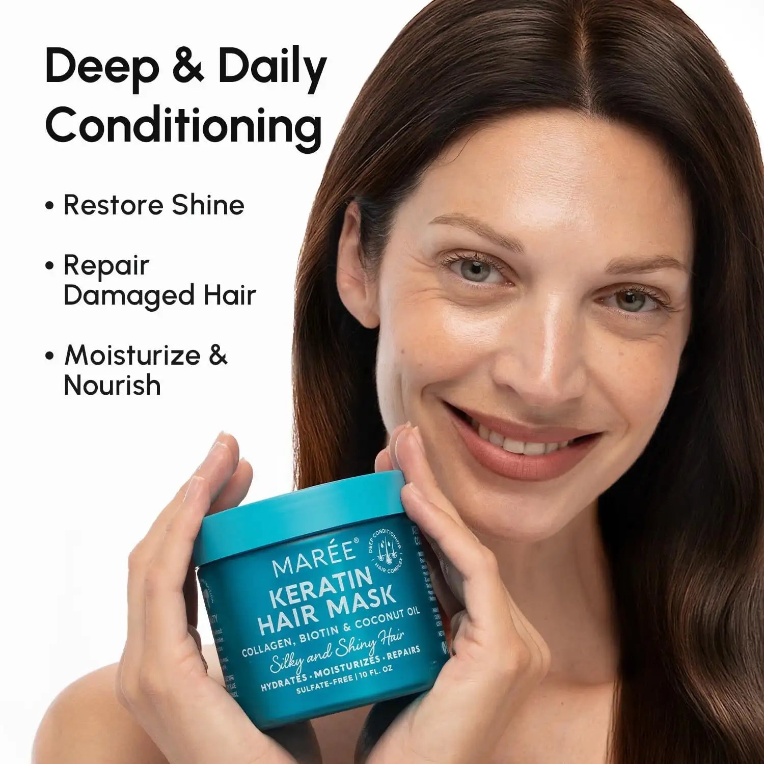 Woman holding a blue hair mask container with text about deep and daily conditioning benefits.