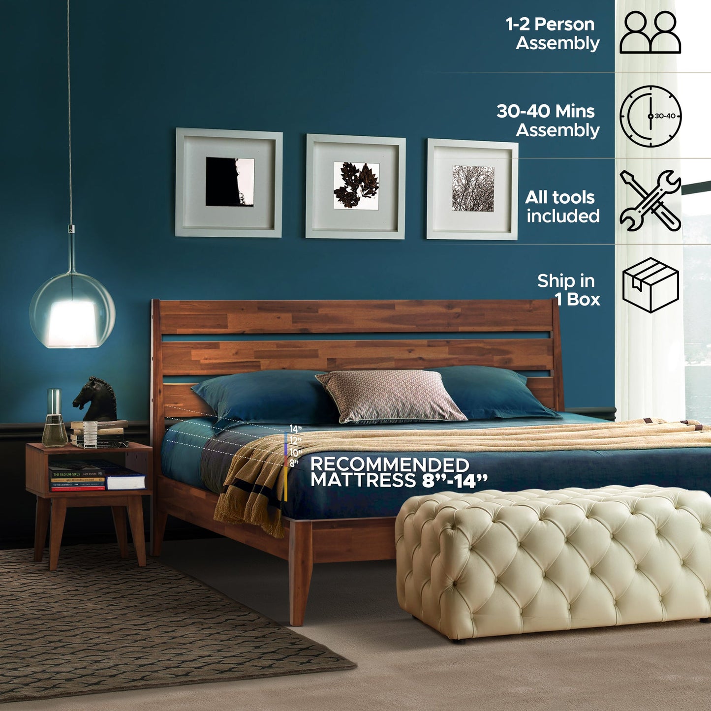 Emery Solid Wood Bed Frame & Nightstand Furniture Bundle