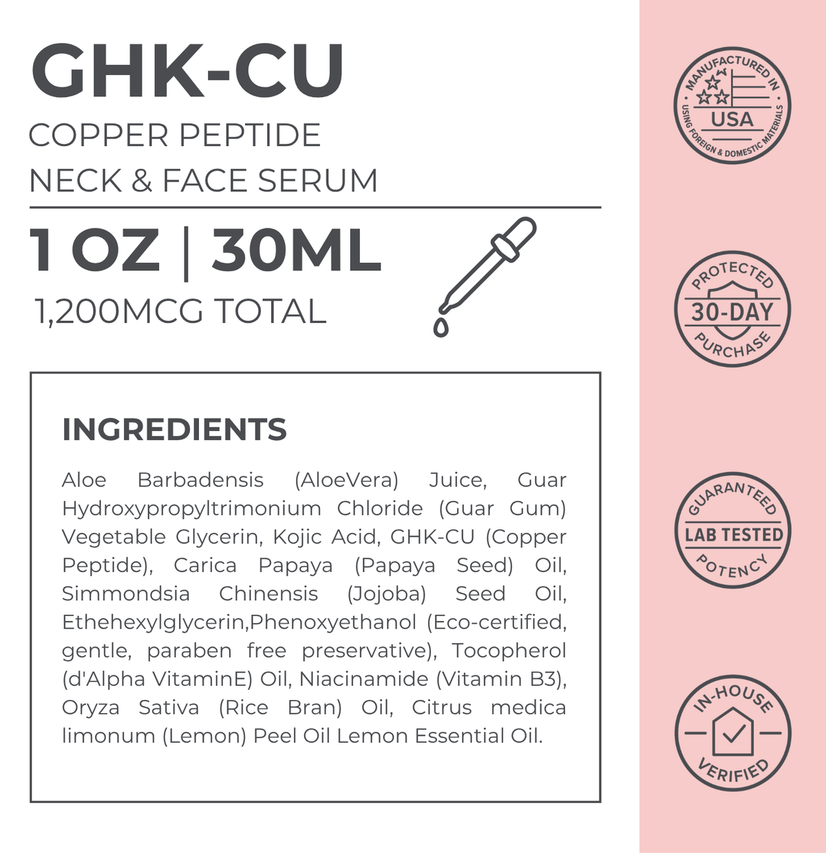 GHK-CU copper peptide neck and face serum label with ingredients list on a white background.