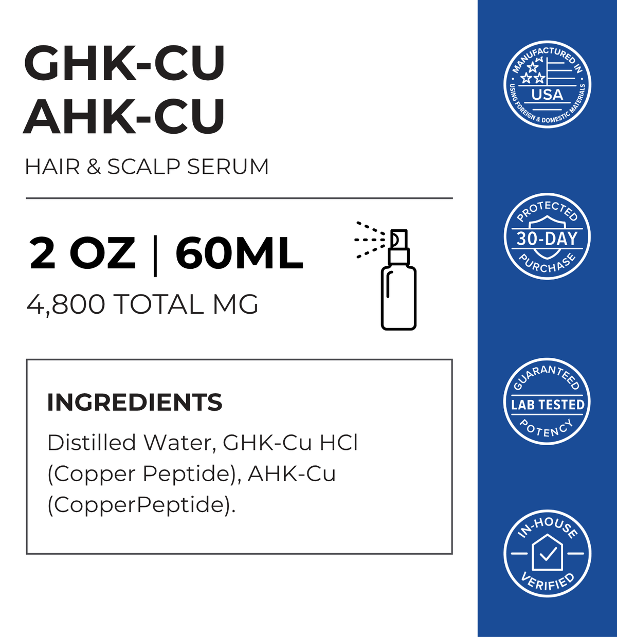 GHK-CU AHK-CU hair and scalp serum packaging with product details and certification logos.
