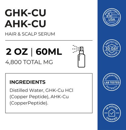 GHK-CU AHK-CU hair and scalp serum packaging with product details and certification logos.