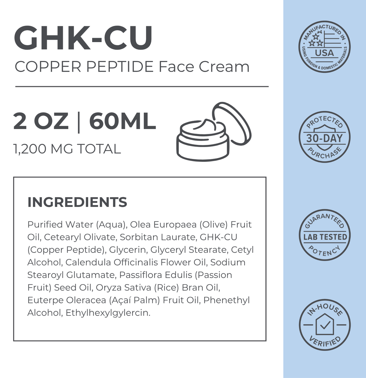 GHK-CU Copper Peptide Face Cream label with ingredients list and product details.