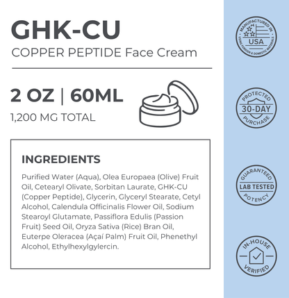GHK-CU Copper Peptide Face Cream label with ingredients list and product details.