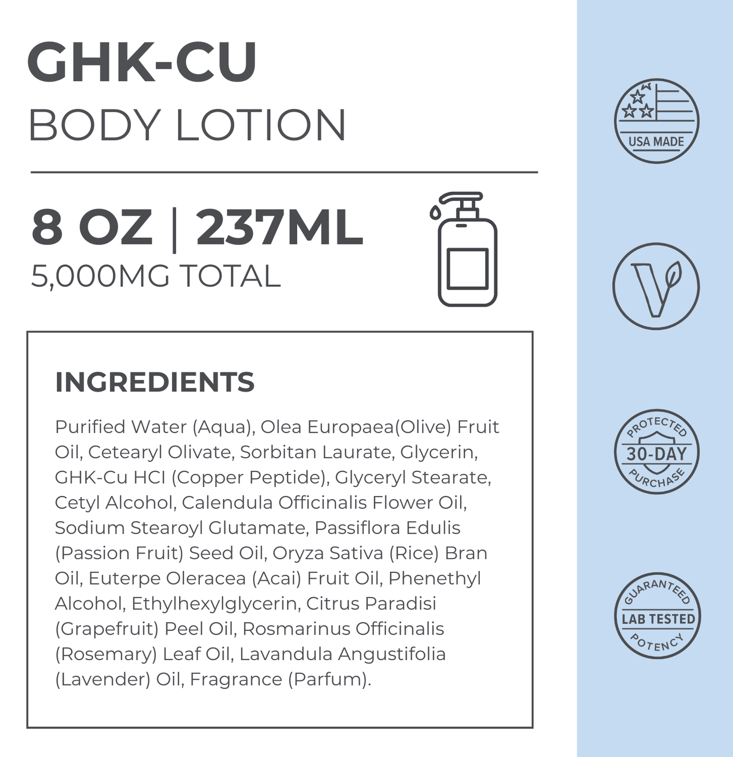 GHK-CU body lotion label with ingredients list on a light blue background