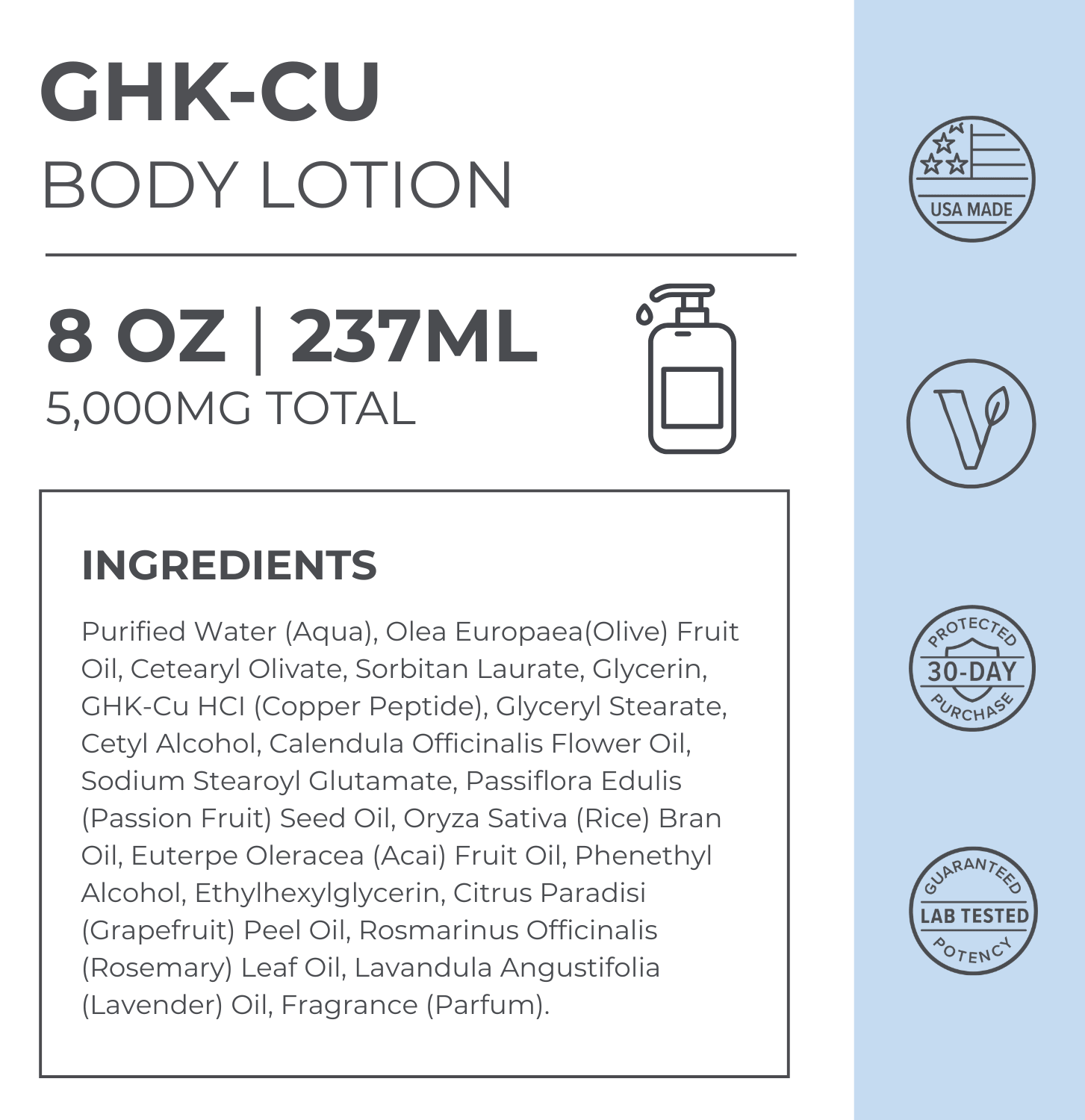 GHK-CU body lotion label with ingredients list on a light blue background