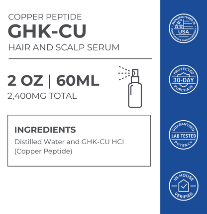 Copper Peptide GHK-CU hair and scalp serum packaging with product details and certification logos.