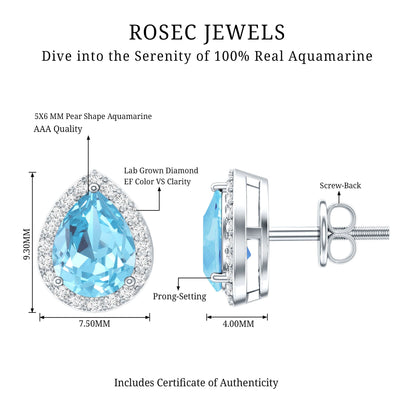 Real 0.89 Carat Aquamarine and Diamond Stud Earrings in Silver