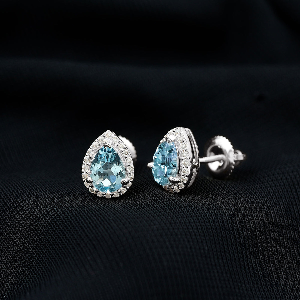 Real 0.89 Carat Aquamarine and Diamond Stud Earrings in Silver