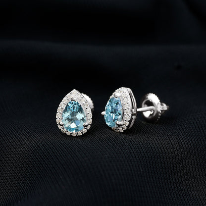 Real 0.89 Carat Aquamarine and Diamond Stud Earrings in Silver