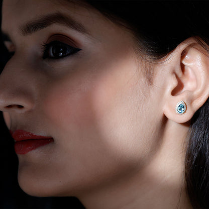 Real 0.89 Carat Aquamarine and Diamond Stud Earrings in Silver