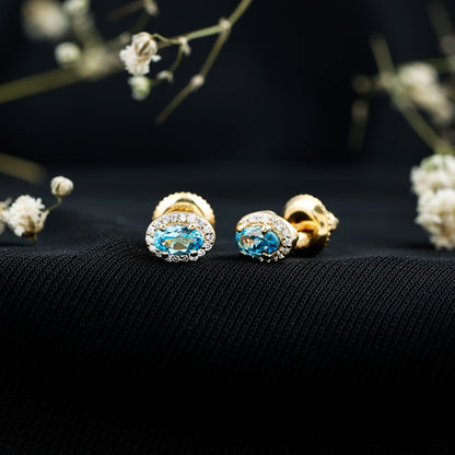 Natural Swiss Blue Topaz Stud Earrings with Diamond Halo