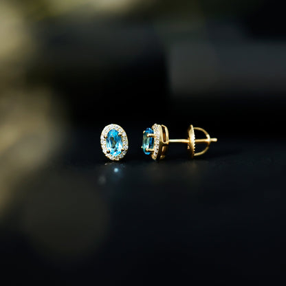 Natural Swiss Blue Topaz Stud Earrings with Diamond Halo