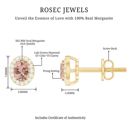 Peach Morganite and Diamond Halo Stud Earrings