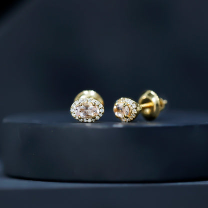 Peach Morganite and Diamond Halo Stud Earrings
