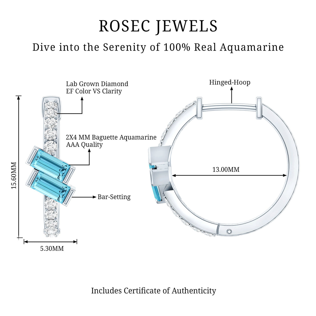 Natural Half Carat Aquamarine Hoop Earrings with Lab Diamond