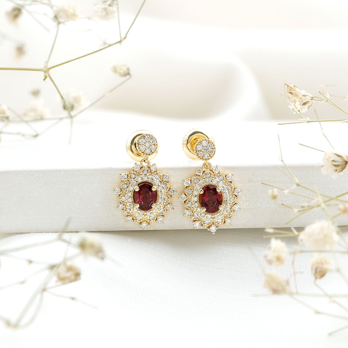 Real 0.8 Carat Rhodolite Drop Earrings with Lab Diamond for Women