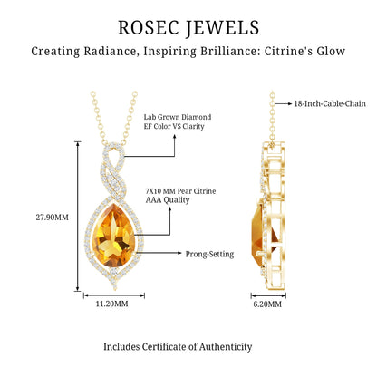 Natural 1.75 Carat Citrine Teardrop Bridal Necklace with Diamond