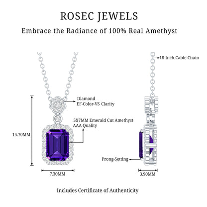 Genuine 1.1 Carat Emerald Cut Amethyst Vintage Necklace with Diamond Halo