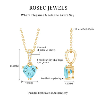1 Carat Sky Blue Topaz Heart Pendant Necklace with Diamond