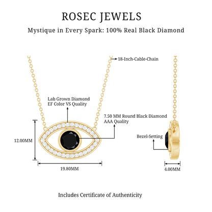 Natural 1.6 Carat Black Diamond Evil Eye Necklace in Yellow Gold Plated Silver