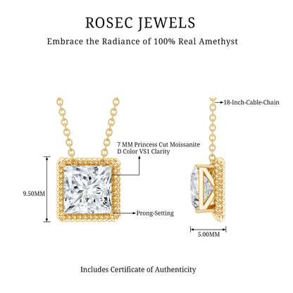 2 Carat Princess Cut Moissanite Solitaire Necklace with Rope Frame