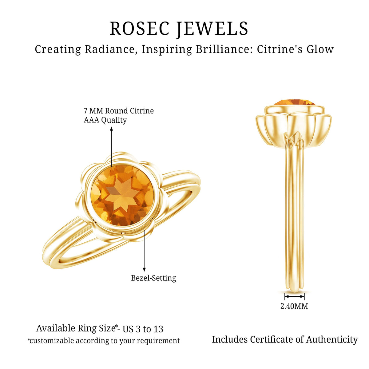 1 Carat Citrine Solitaire Engagement Ring in Bezel Setting