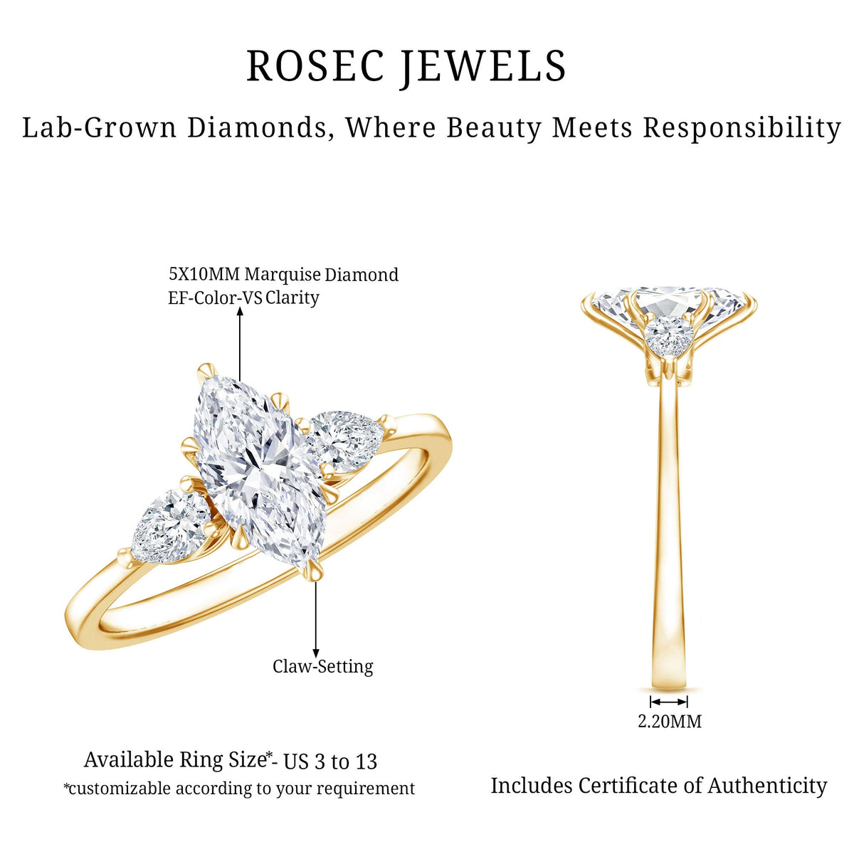 Marquise Three-Stone Lab Grown Diamond Engagement Ring (EF-VS)