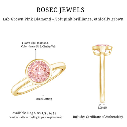 1 CT Lab Grown Pink Diamond Bezel Set Engagement Ring with IGI Certificate