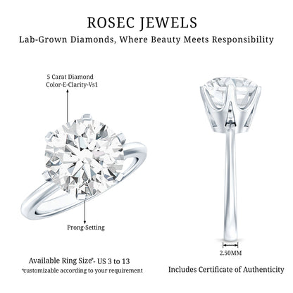 IGI Certified 5 Carat Lab Grown Diamond Solitaire Engagement Ring
