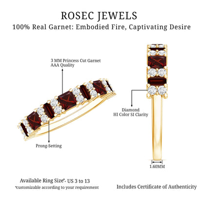 Natural Red Garnet Half Eternity Ring with Diamond