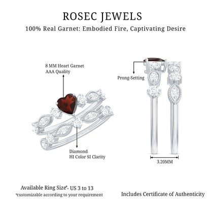 Natural Garnet Diamond Heart Engagement Ring with Wedding Band